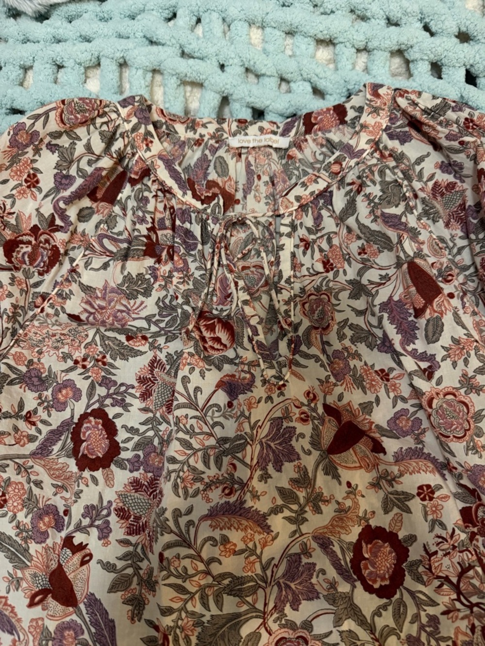 Love The Label Floral Peasant Top Rose, Green & Cream Balloon Sleeves Sz Large - Picture 14 of 17